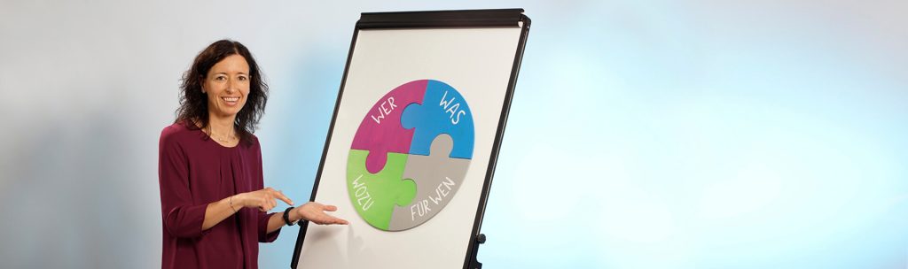 Evelyn Großmann, Positionierungs-Expertin, vor ihrem Modell des Positionierungs-Puzzles: WER macht WAS FÜR WEN WOZU.